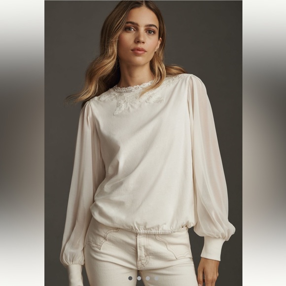 Anthropologie Tops - Anthropologie Long Sleeve Mock Neck Lace Embellished Top